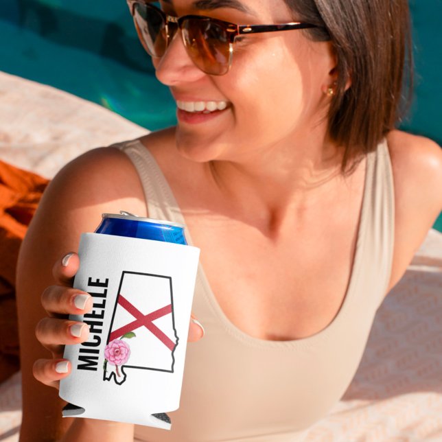 Custom Name Alabama Flag and State Flower Camellia Can Cooler (Creator Uploaded)