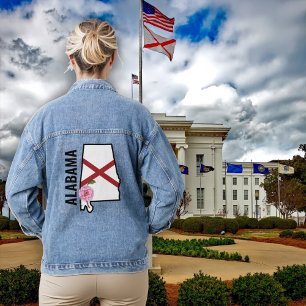 Custom Name Alabama Flag and State Flower Camellia Denim Jacket