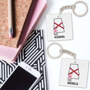 Custom Name Alabama Flag and State Flower Camellia Key Ring