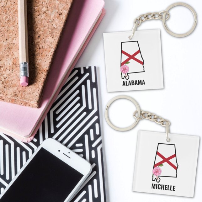 Custom Name Alabama Flag and State Flower Camellia Key Ring (Creator Uploaded)