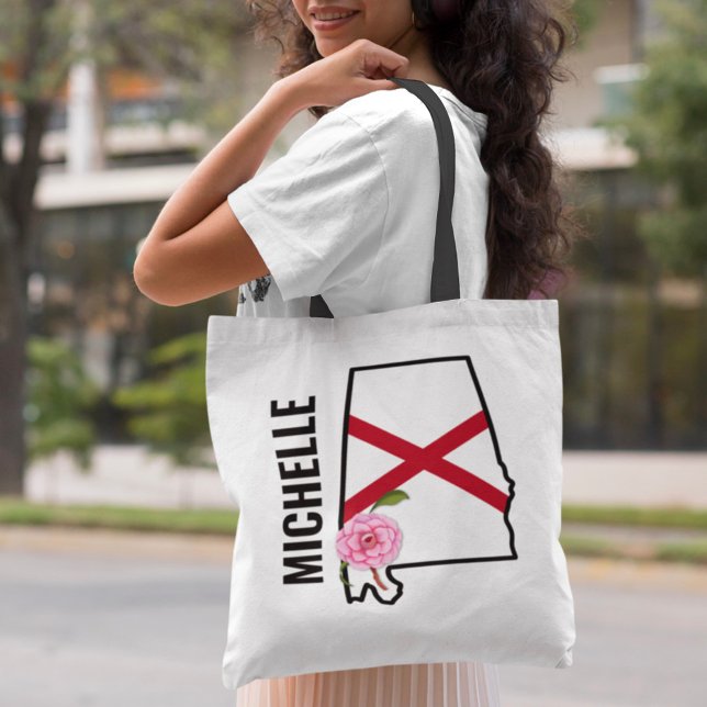 Custom Name Alabama Flag and State Flower Camellia Tote Bag (Creator Uploaded)
