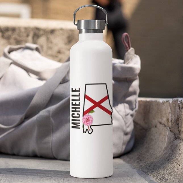 Custom Name Alabama Flag and State Flower Camellia Water Bottle (Creator Uploaded)