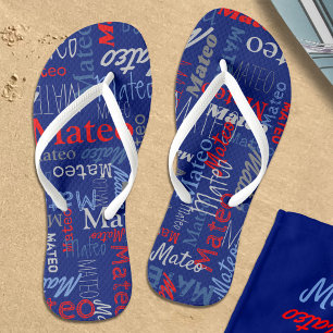 Custom name all over graphic text gray blue red  thongs