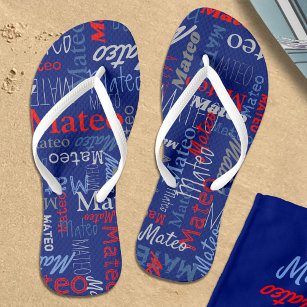 Custom name all over graphic text grey blue red  thongs