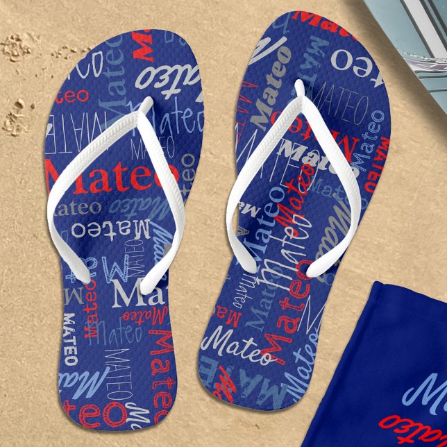 Custom name all over graphic text grey blue red  thongs (Matching beach towel is available)