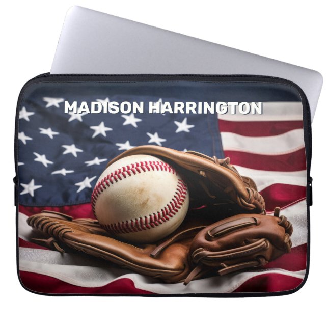 Custom Name American Baseball Laptop Sleeve (Front)