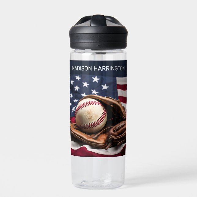 Custom Name American Baseball Water Bottle (Front)