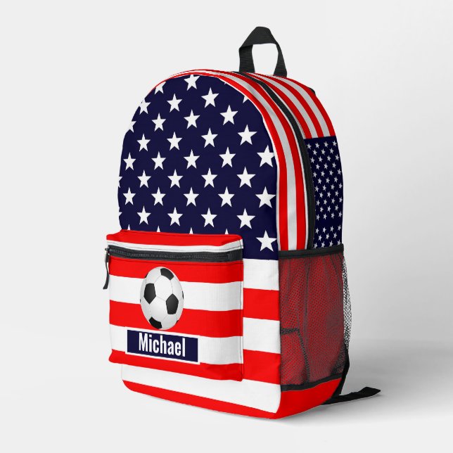 Custom Name American Flag Football Boys Backpack (Back Corner Right)