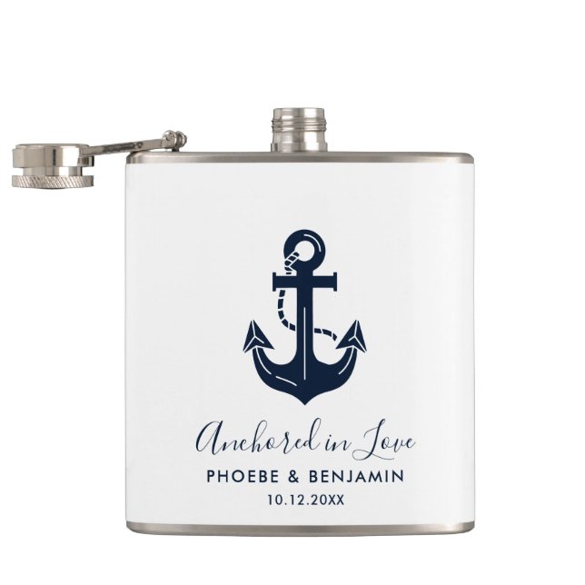 Custom Name Anchor Wedding Party  Nautical Gift Hip Flask (Opened)