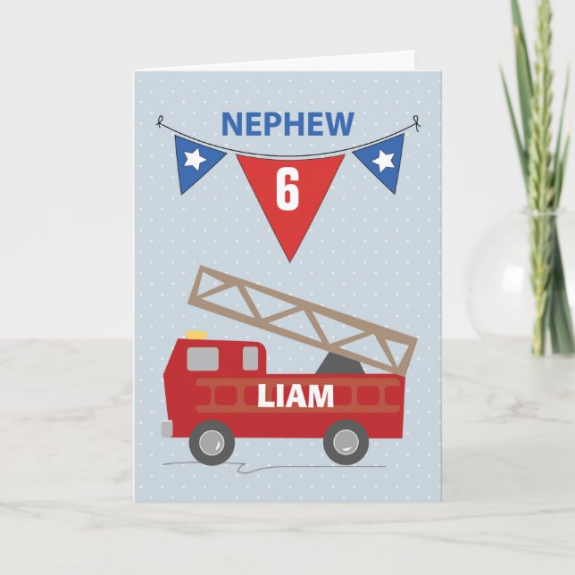 Custom Name and Age 6th Birthday Nephew, Firetruck Card (Front)