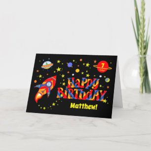 Custom Name and Age Birthday with Spaceship Card