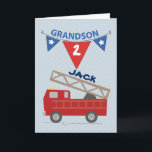 Custom Name and Age Grandson Firetruck Card<br><div class="desc">Seeing his name and age will be special for a young grandson and his parents! A firetruck is whizzing by with sound effects supplied by you,  the reader! Brightly colored red and blue will delight him. Customizable card with name and age!</div>