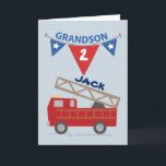 Custom Name and Age Grandson Firetruck Card<br><div class="desc">Seeing his name and age will be special for a young grandson and his parents! A firetruck is whizzing by with sound effects supplied by you,  the reader! Brightly colored red and blue will delight him. Customizable card with name and age!</div>