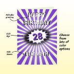 Custom name and age purple splash retro birthday card<br><div class="desc">The background for this eye-catching birthday card is an explosion in purple and pale green, with a purple-edged cloud burst containing the number. There is a vintage comic retro vibe to the design with bright colours and text. You can edit the Happy Birthday greeting on the front, edit the number,...</div>