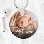 Custom Name And Baby Photo Pretty Classy Script Key Ring<br><div class="desc">Create your own personalised round keychain with your custom pretty calligraphy script name and baby photo.</div>