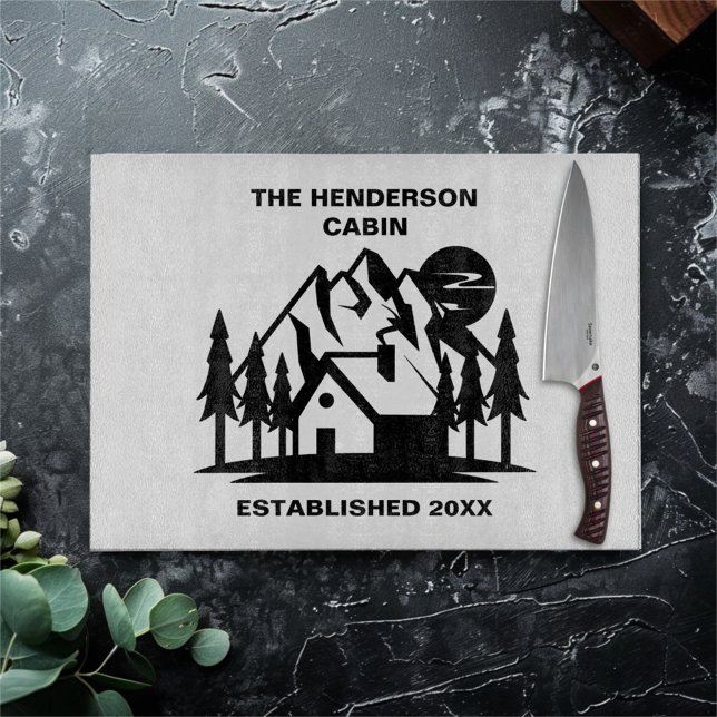 Custom Name and Date Cabin and Mountains Cutting Board (Creator Uploaded)