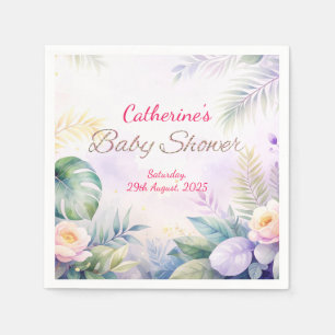 Custom Name and Date Tropical Flowers Baby Shower Napkin