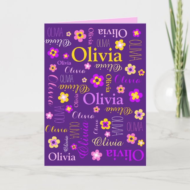 Custom name and graphic flowers  purple pink card (Front)