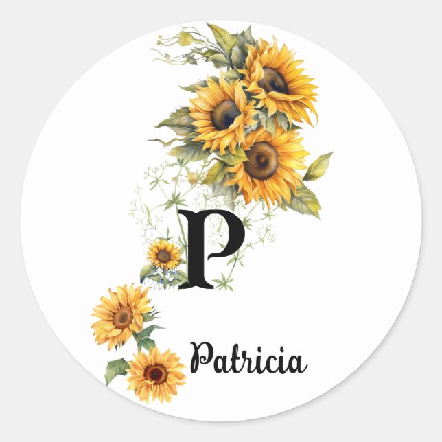 Custom Name and Initial Chic Sunflowers Yellow Classic Round Sticker (Front)
