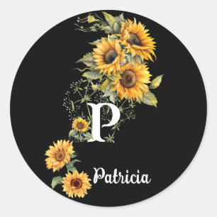 Custom Name and Initial Modern Sunflowers Yellow Classic Round Sticker