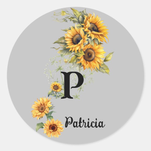 Custom Name and Initial Summer Sunflowers Yellow Classic Round Sticker (Front)