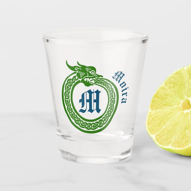 Custom Name and Monogram Celtic Style Ouroboros Shot Glass (Front)