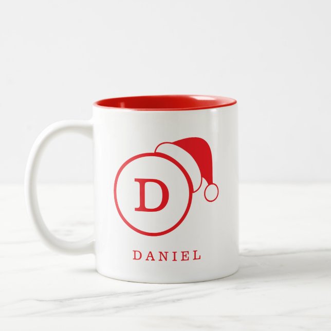 Custom Name and Monogrammed Santa Hat Red Two-Tone Coffee Mug (Left)