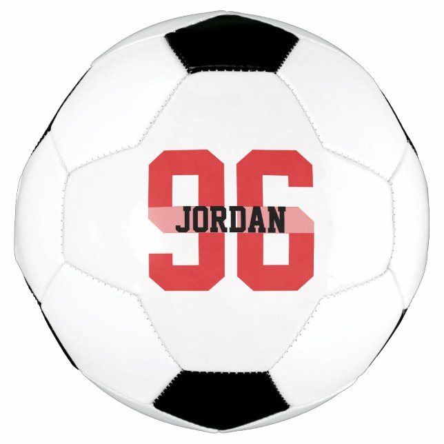 Custom Name and Number Cool Modern Red Soccer Ball (Front)