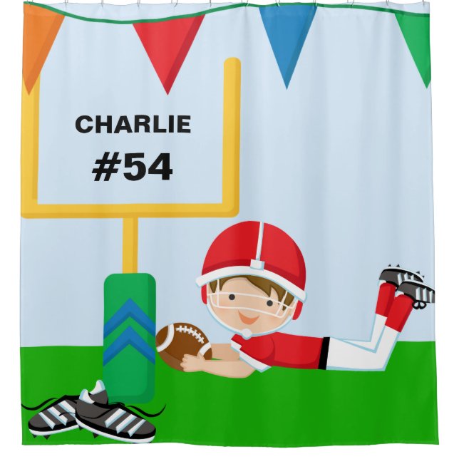 Custom Name and Number Red Football Player Shower Curtain (Front)