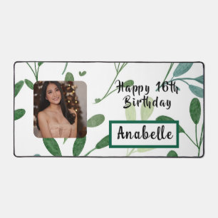 Custom Name and Photo 16th Birthday Green Leaves Desk Mat