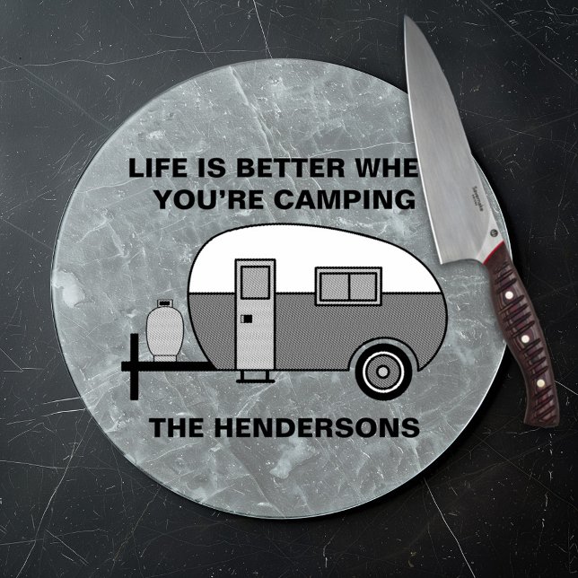 Custom Name and Phrase Cute Camper Camping Cutting Board (Creator Uploaded)
