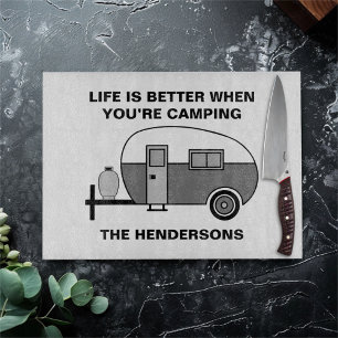 Custom Name and Phrase Cute Camper Camping Cutting Board