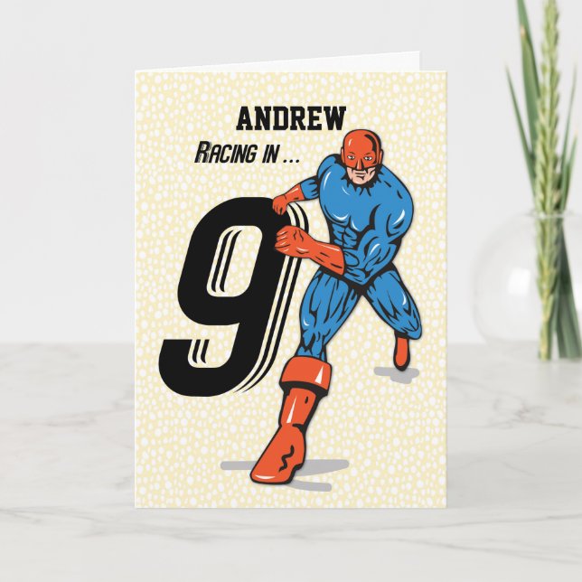 Custom Name, Andrew, 9th Birthday Superhero Card (Front)