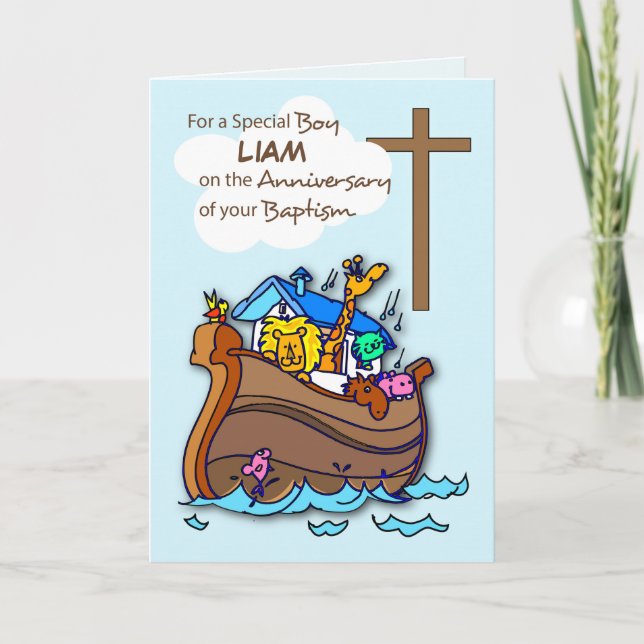Custom Name Anniversary of Baptism Boy Noah's Ark Card (Front)