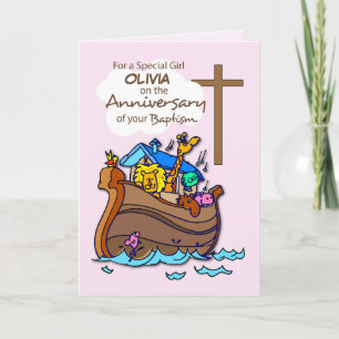 Custom Name Anniversary of Baptism Girl Noah's Ark Card