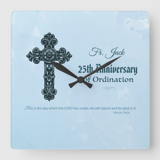 Custom Name & Anniversary Year Ordination, Priest Square Wall Clock (Front)