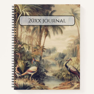 Custom Name Antique Crane & Palm Tropical Art Notebook