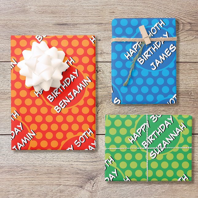Custom Name Any Age Birthday Comic Style Wrapping Paper Sheet (Creator Uploaded)