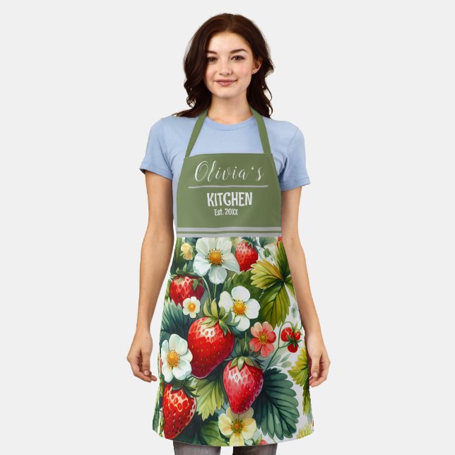 Custom Name Apron for Mum, Boho Floral Strawberry  (Worn)