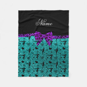 Custom name aqua glitter gymnastics purple bow fleece blanket