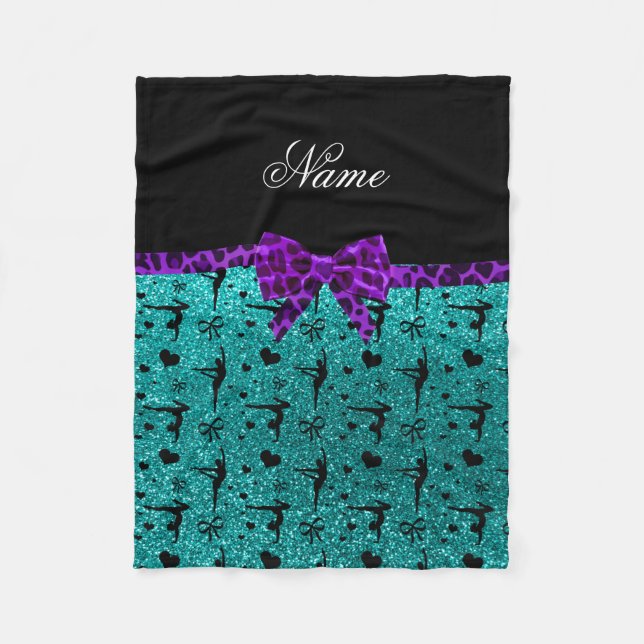 Custom name aqua glitter gymnastics purple bow fleece blanket (Front)