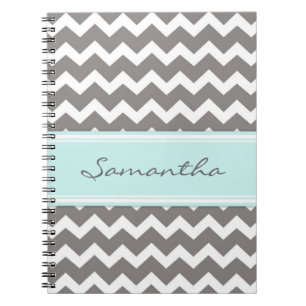 Custom Name Aqua Grey Chevron Notebook