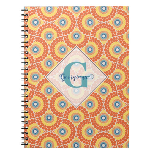 Custom Name Art Deco Aegean Summer Radiant Mandala Notebook (Front)