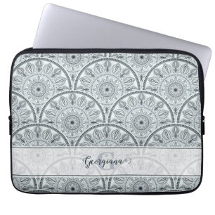 Custom Name Art Deco Floral Harmony Grey Mandala Laptop Sleeve