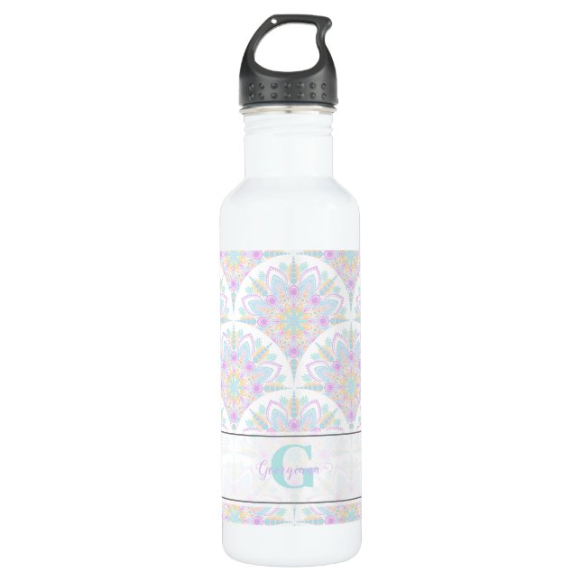 Custom Name Art Deco Pastel Rainbow Floral Mandala 710 Ml Water Bottle (Front)