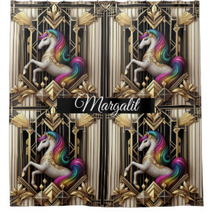 Custom Name Art Deco Rainbow Faux Glitter Unicorn Shower Curtain