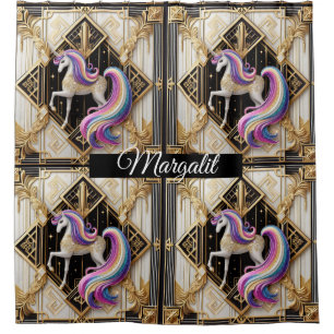 Custom Name Art Deco Rainbow Faux Glitter Unicorn Shower Curtain