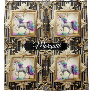 Custom Name Art Deco Rainbow Faux Glitter Unicorn Shower Curtain