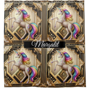 Custom Name Art Deco Rainbow Faux Glitter Unicorn Shower Curtain