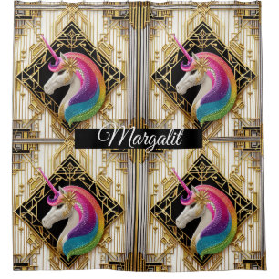 Custom Name Art Deco Rainbow Faux Glitter Unicorn Shower Curtain